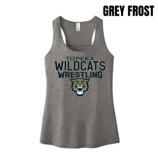 Grey frost women's racerback tank with Topeka Wildcats Wrestling tri-line logo design and mascot graphic