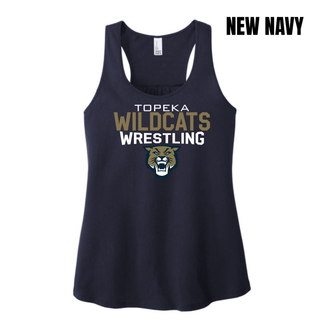 Navy women's racerback tank with Topeka Wildcats Wrestling tri-line logo design and mascot graphic