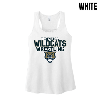 White women's racerback tank with Topeka Wildcats Wrestling tri-line logo design and mascot graphic
