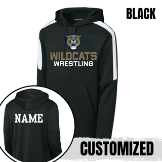 Black Colorblock Pullover Hoodie with Topeka Wildcats Wrestling Wrestling Mascot Logo design and mascot graphic, front and back view, and customized name on the back