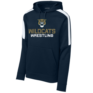 Navy Colorblock Pullover Hoodie with Topeka Wildcats Wrestling Wrestling Mascot Logo design and mascot graphic