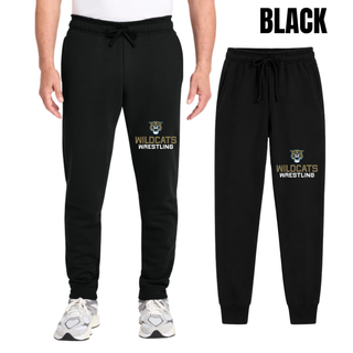 Black Core Fleece Joggers with Topeka Wildcats Wrestling Wrestling Mascot Logo design, front and back view