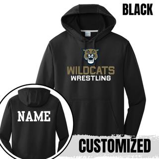 Black Performance Hoodie with Topeka Wildcats Wrestling Wrestling Mascot Logo design and mascot graphic, front and back view, and customized name on the back