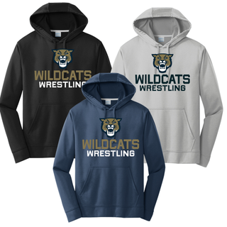 Color options for the Topeka Wildcats Wrestling Wrestling Mascot Logo Performance Hoodie: Black, Silver, and Deep Navy