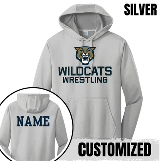 Silver Performance Hoodie with Topeka Wildcats Wrestling Wrestling Mascot Logo design and mascot graphic, front and back view, and customized name on the back