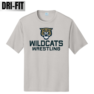 Silver Performance Top with Topeka Wildcats Wrestling Wrestling Mascot Logo design and mascot graphic
