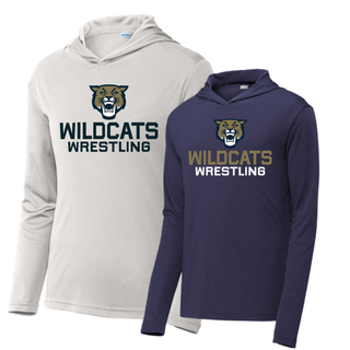 Color options for the Topeka Wildcats Wrestling Wrestling Mascot Logo PosiCharge Hooded Pullover: Silver and True Navy