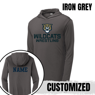 Iron Grey PosiCharge Hooded Pullover with Topeka Wildcats Wrestling Wrestling Mascot Logo design and mascot graphic, front and back view, and customized name on the back