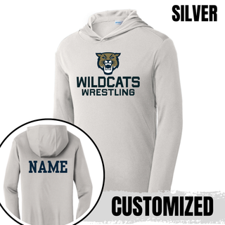Silver PosiCharge Hooded Pullover with Topeka Wildcats Wrestling Wrestling Mascot Logo design and mascot graphic, front and back view, and customized name on the back