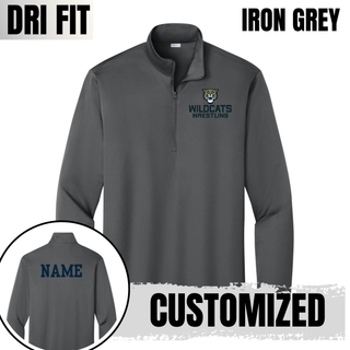 Iron Grey PosiCharge Quarter-Zip with Topeka Wildcats Wrestling Wrestling Mascot Logo design and mascot graphic, front and back view, and customized name on the back