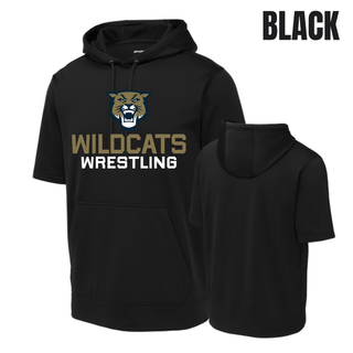 Black Short Sleeve Hooded Pullover with Topeka Wildcats Wrestling Wrestling Mascot Logo design and mascot graphic, front and back view