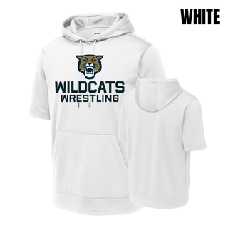 White Short Sleeve Hooded Pullover with Topeka Wildcats Wrestling Wrestling Mascot Logo design and mascot graphic, front and back view