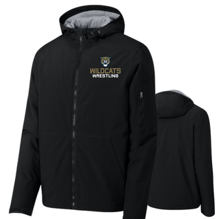 Black Waterproof Insulated Jacket with Topeka Wildcats Wrestling Wrestling Mascot Logo design and mascot graphic, front and back view