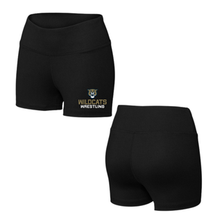 Black Women's Interval Shorts with Topeka Wildcats Wrestling Wrestling Mascot Logo design and mascot graphic, front and back view
