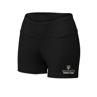 Black Women's Interval Shorts with Topeka Wildcats Wrestling Wrestling Mascot Logo design and mascot graphic, front and back view