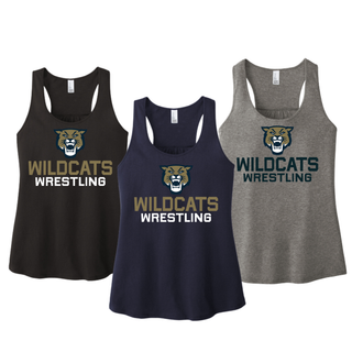 Color options for the Topeka Wildcats Wrestling Wrestling Mascot Logo Women's Racerback Tank: Black, New Navy, and Grey Frost