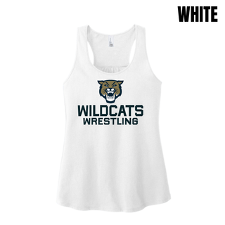White Women's Racerback Tank with Topeka Wildcats Wrestling Wrestling Mascot Logo design and mascot graphic
