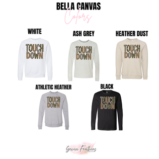 Touchdown leopard camo checkered graphic top shown in Bella Canvas colors: white, ash grey, heather dust, athletic heather, and black