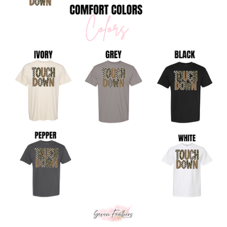 Touchdown leopard camo checkered graphic top shown in Comfort Colors colors: ivory, grey, black, pepper, and white