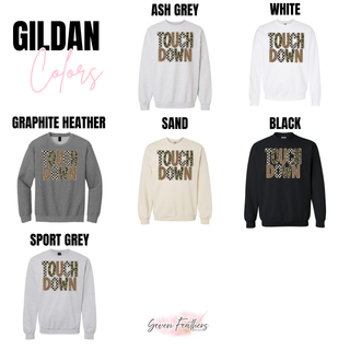 Touchdown leopard camo checkered graphic top shown in Gildan colors: ash grey, white, graphite heather, sand, black, and sport grey