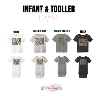 Touchdown leopard camo checkered graphic top shown in infant and toddler colors: white, heather grey, granite heather, and black