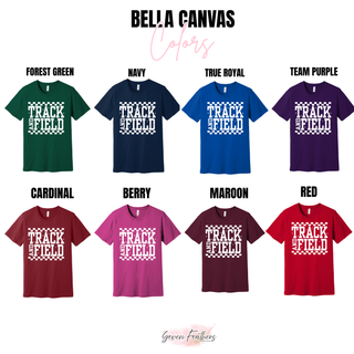 Bella Canvas short sleeve tee color chart showing Track and Field checkered graphic top in forest green, navy, true royal, team purple, cardinal, berry, maroon, and red