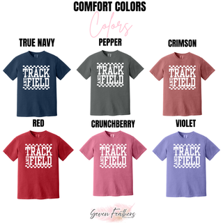 Comfort Colors short sleeve tee color chart showing Track and Field checkered graphic top in true navy, pepper, crimson, red, crunchberry, and violet
