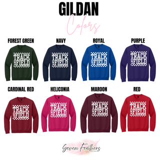 Gildan crewneck sweatshirt color chart showing Track and Field checkered graphic top in forest green, navy, royal, purple, cardinal red, heliconia, maroon, and red
