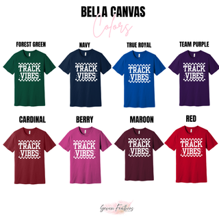 Bella Canvas track vibes tee color options in forest green, navy, true royal, team purple, cardinal, berry, maroon, and red

