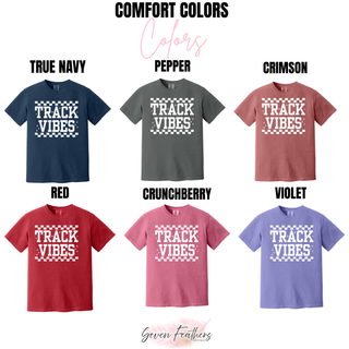 Comfort Colors track vibes graphic tee color options in true navy, pepper, crimson, red, crunchberry, and violet
