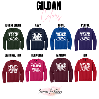 Gildan track vibes crewneck color options in forest green, navy, royal, purple, cardinal red, heliconia, maroon, and red
