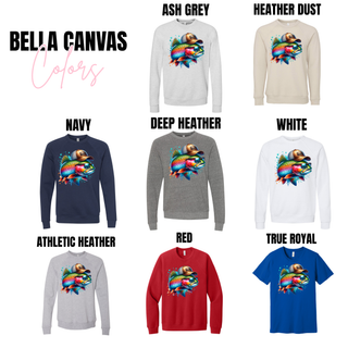 Trout Drip Shirt design on Bella Canvas crewneck sweatshirts in ash grey heather dust navy deep heather white athletic heather red and tee in true royal
