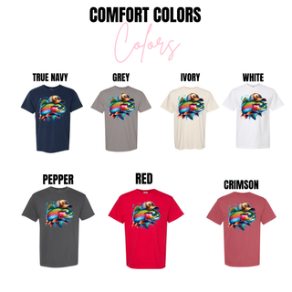 Trout Drip Shirt design on Comfort Colors tees in true navy grey ivory white pepper red crimson