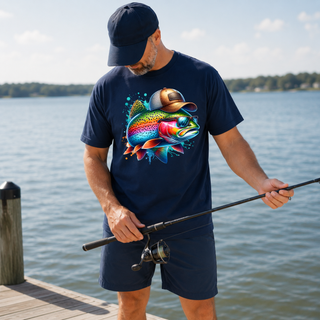 Man on dock holding fishing rod wearing navy Trout Drip Shirt with colorful rainbow trout wearing trucker hat and sunglasses
