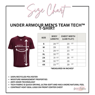 Under Armour mens team tech t-shirt size chart with body length and chest width measurements
