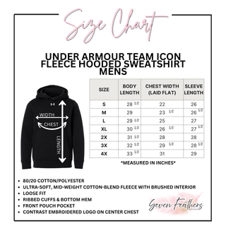 Under Armour team icon fleece hooded sweatshirt mens size chart with body length chest and sleeve measurements
