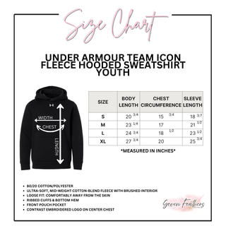 Under Armour team icon fleece hooded sweatshirt youth size chart with body length chest and sleeve measurements
