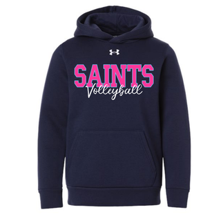Navy Under Armour Team Icon Fleece Hoodie with pink Saints Volleyball script design, Topeka Saints spirit wear