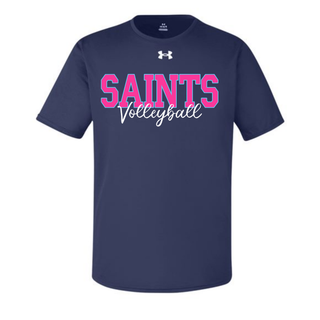 Navy Under Armour Men's Team Tech Top with pink Saints Volleyball script design, Topeka Saints spirit wear