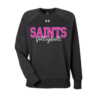 Black Under Armour Women's Rival Fleece Crewneck with pink Saints Volleyball script design, Topeka Saints spirit wear