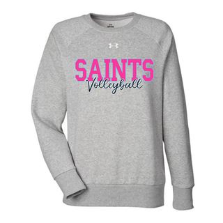 Heather grey Under Armour Women's Rival Fleece Crewneck with pink Saints Volleyball script design, Topeka Saints spirit wear