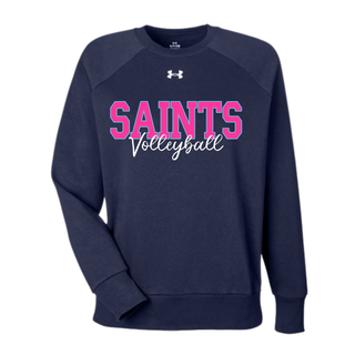 Navy Under Armour Women's Rival Fleece Crewneck with pink Saints Volleyball script design, Topeka Saints spirit wear