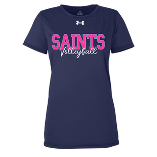 Navy Under Armour Women's Team Tech Top with pink Saints Volleyball script design, Topeka Saints spirit wear