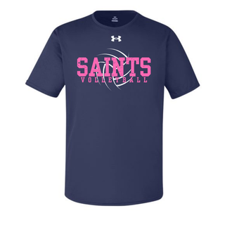Navy Under Armour Topeka Saints Volleyball distressed swirl team tech top with pink saints lettering and volleyball graphic