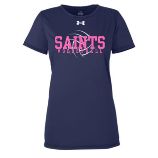 Navy Under Armour Topeka Saints Volleyball distressed swirl women's team tech top with pink saints lettering and volleyball graphic