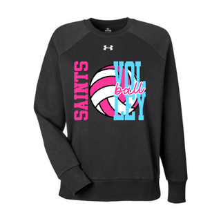 Black Under Armour women's Rival fleece crewneck with pink and blue Saints Volleyball spike club design