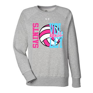 Grey Under Armour women's Rival fleece crewneck with pink and blue Saints Volleyball spike club design