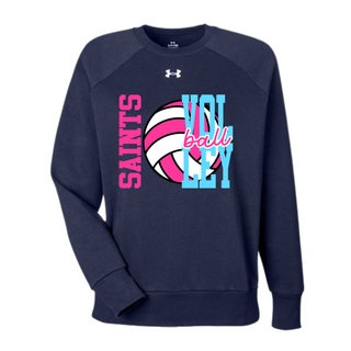 Navy Under Armour women's Rival fleece crewneck with pink and blue Saints Volleyball spike club design