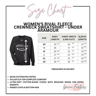 Under Armour womens rival fleece crewneck sweatshirt size chart with body length chest and sleeve measurements
