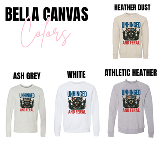 Bella Canvas Unhinged and Feral crewnecks and long sleeves in heather dust, ash grey, white, and athletic heather